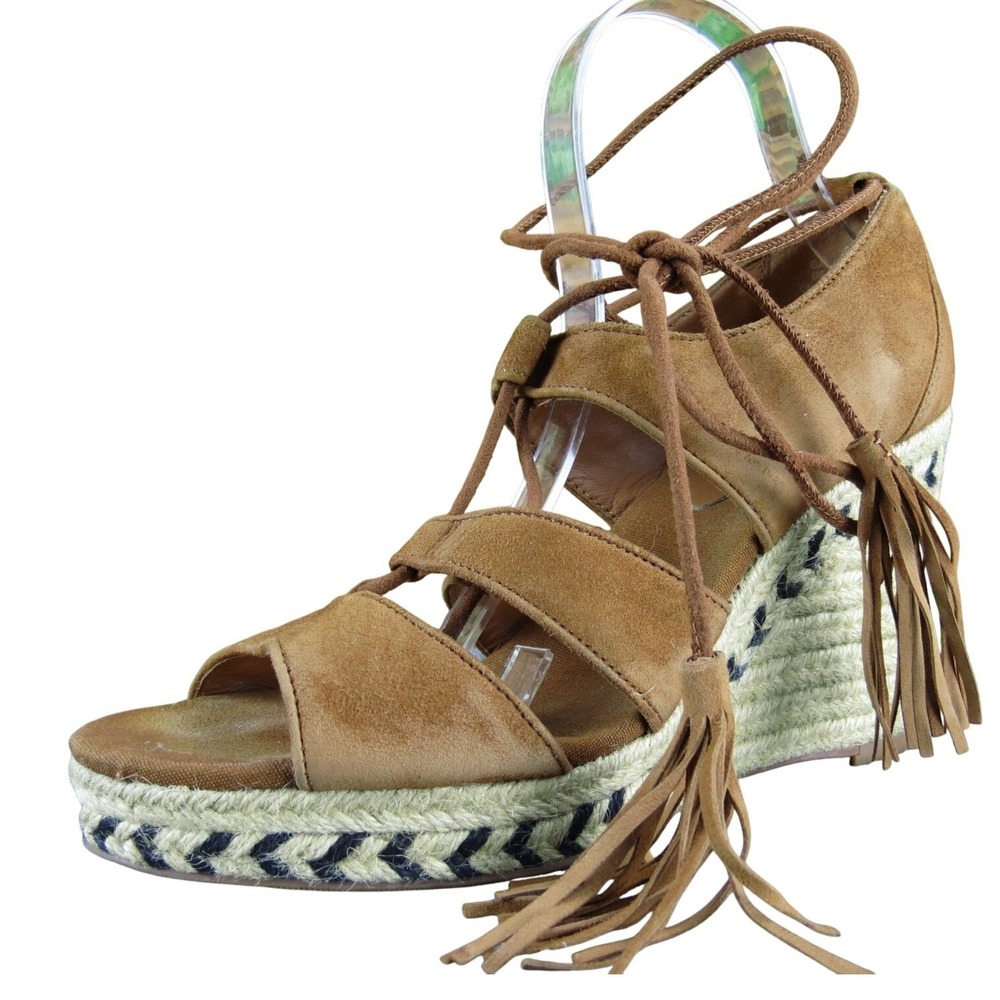 H&M Lace-Up Wedge Sandals Women's 8.5 Brown Faux Suede Espadrille Heels Tassel
